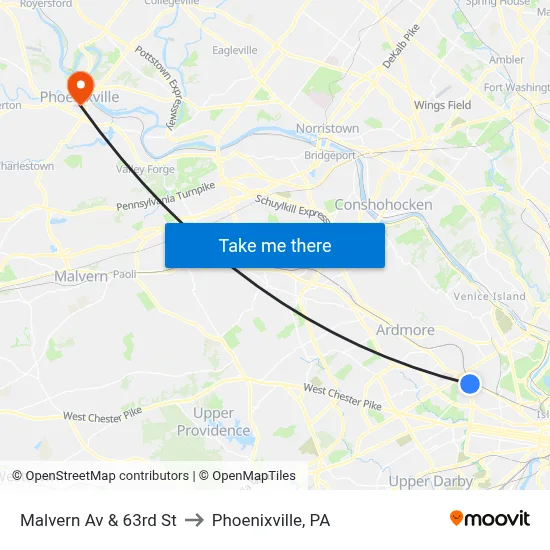 Malvern Av & 63rd St to Phoenixville, PA map