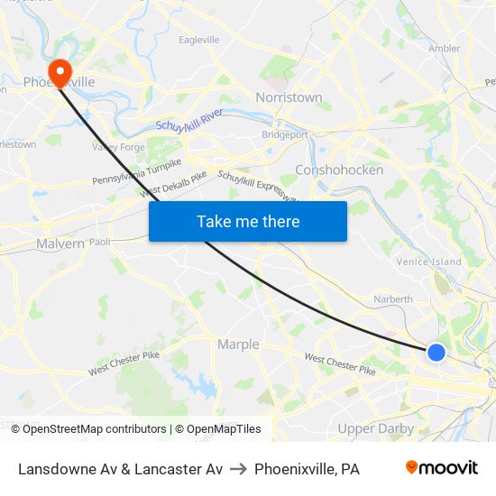 Lansdowne Av & Lancaster Av to Phoenixville, PA map