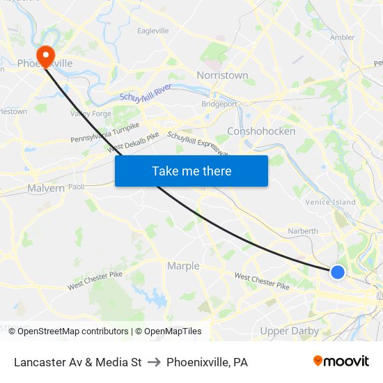 Lancaster Av & Media St to Phoenixville, PA map