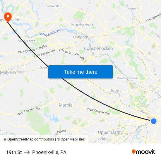 19th St to Phoenixville, PA map