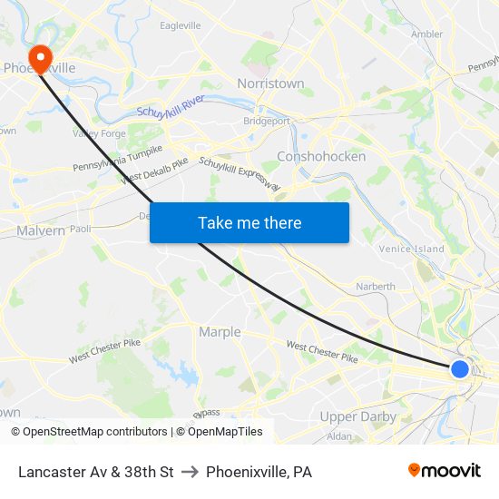 Lancaster Av & 38th St to Phoenixville, PA map