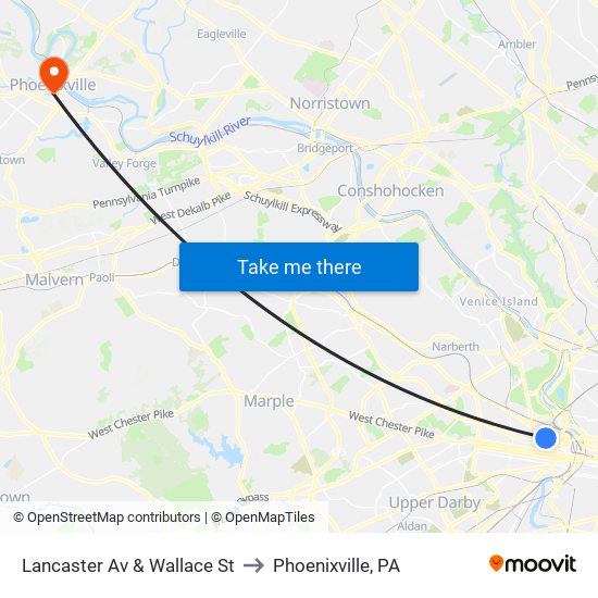 Lancaster Av & Wallace St to Phoenixville, PA map