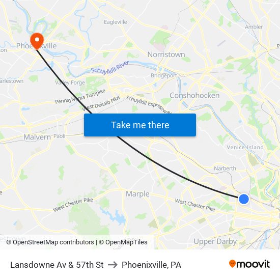 Lansdowne Av & 57th St to Phoenixville, PA map