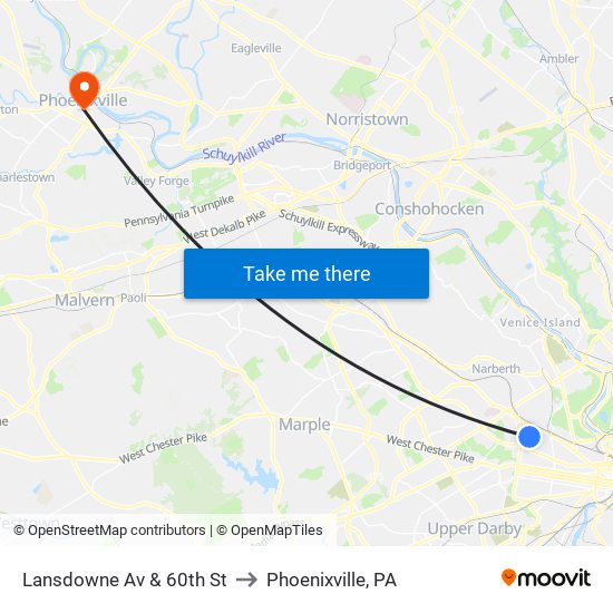 Lansdowne Av & 60th St to Phoenixville, PA map