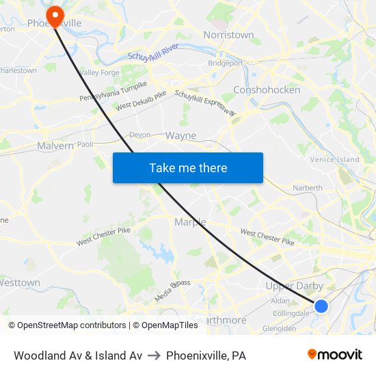 Woodland Av & Island Av to Phoenixville, PA map