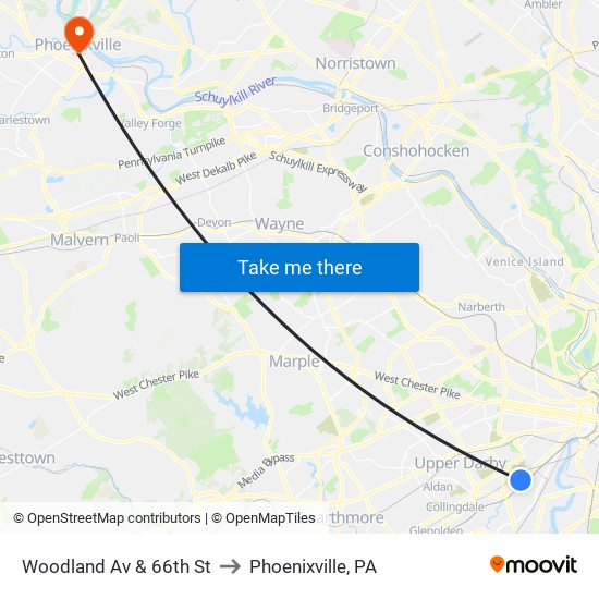 Woodland Av & 66th St to Phoenixville, PA map