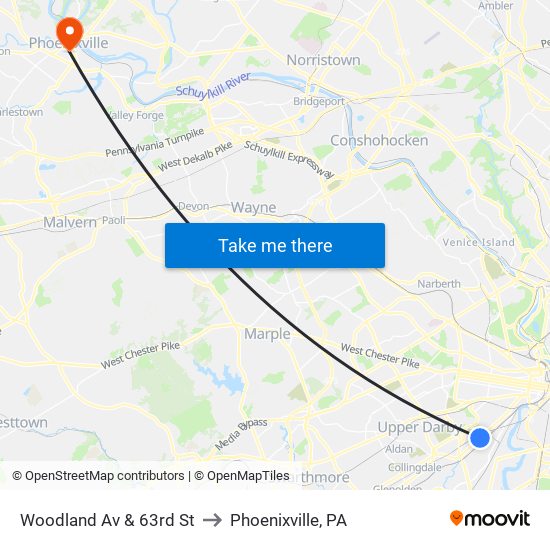 Woodland Av & 63rd St to Phoenixville, PA map