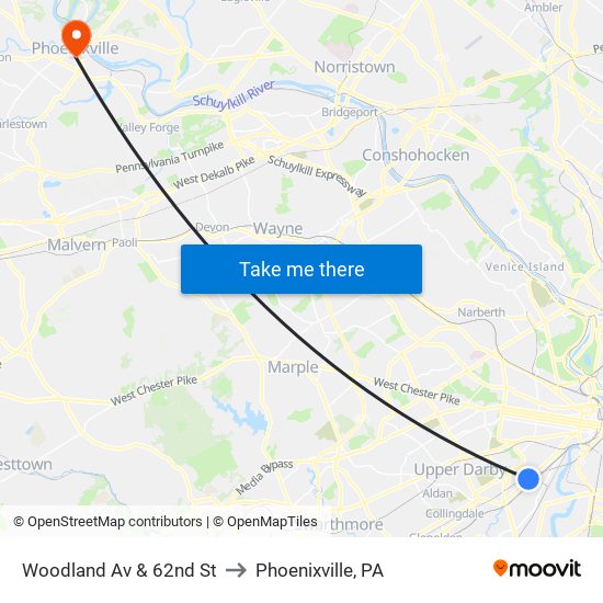 Woodland Av & 62nd St to Phoenixville, PA map