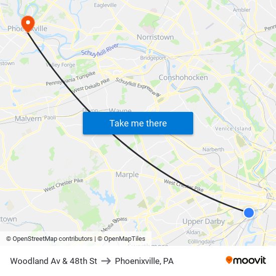 Woodland Av & 48th St to Phoenixville, PA map