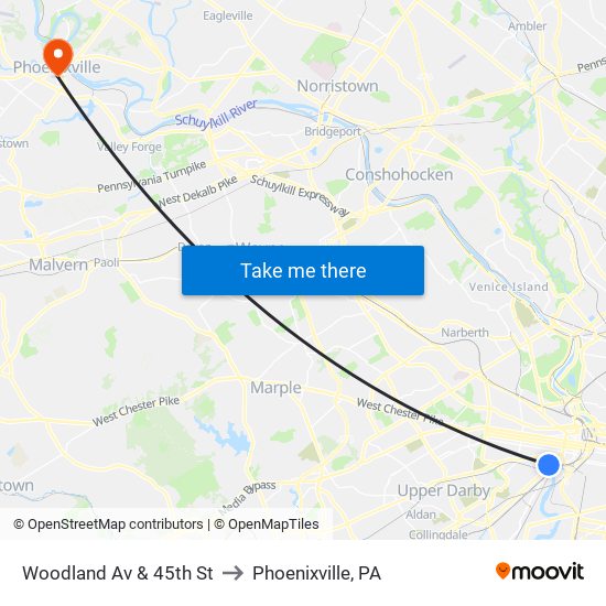 Woodland Av & 45th St to Phoenixville, PA map