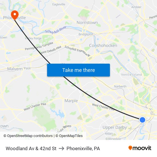 Woodland Av & 42nd St to Phoenixville, PA map