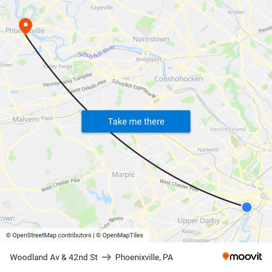 Woodland Av & 42nd St to Phoenixville, PA map