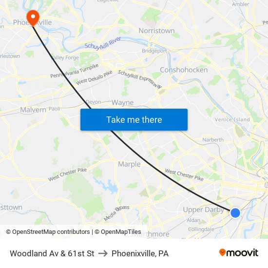 Woodland Av & 61st St to Phoenixville, PA map