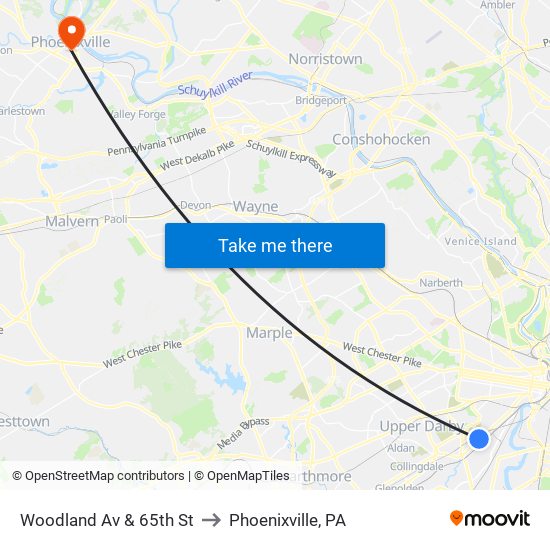 Woodland Av & 65th St to Phoenixville, PA map