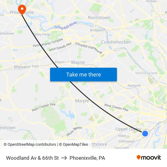 Woodland Av & 66th St to Phoenixville, PA map