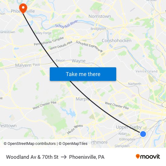 Woodland Av & 70th St to Phoenixville, PA map