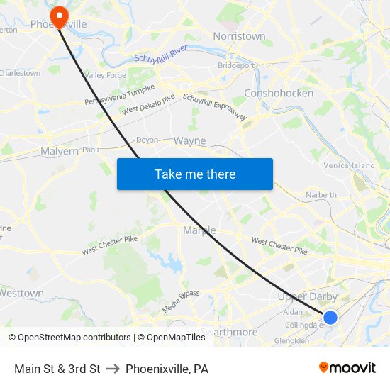 Main St & 3rd St to Phoenixville, PA map