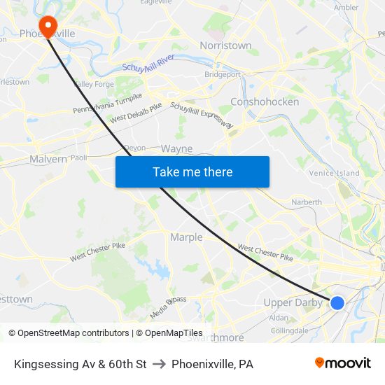 Kingsessing Av & 60th St to Phoenixville, PA map