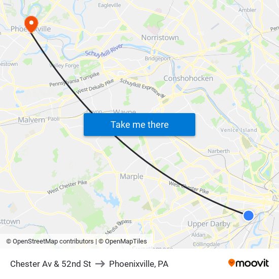 Chester Av & 52nd St to Phoenixville, PA map
