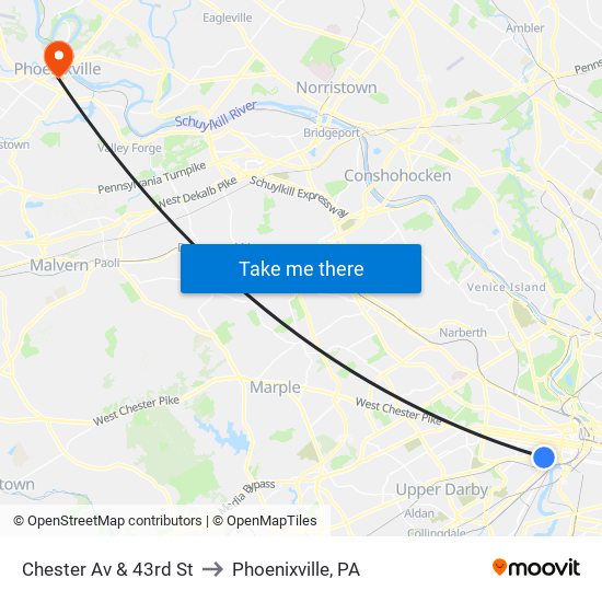 Chester Av & 43rd St to Phoenixville, PA map
