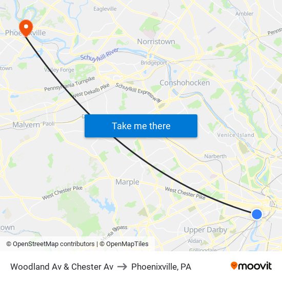 Woodland Av & Chester Av to Phoenixville, PA map