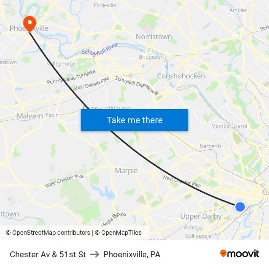 Chester Av & 51st St to Phoenixville, PA map