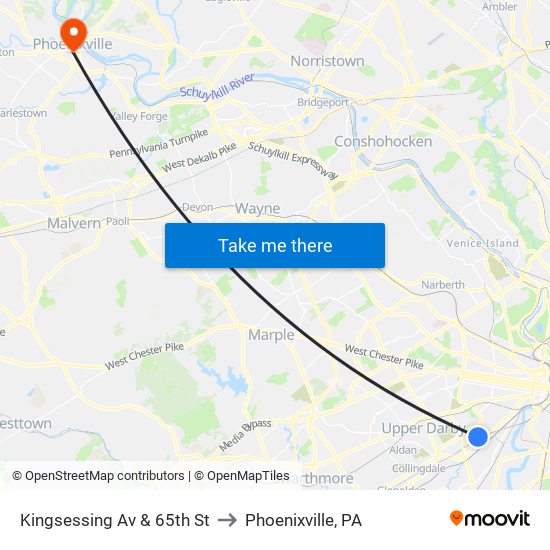 Kingsessing Av & 65th St to Phoenixville, PA map