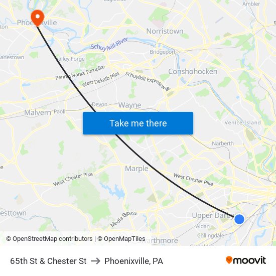 65th St & Chester St to Phoenixville, PA map