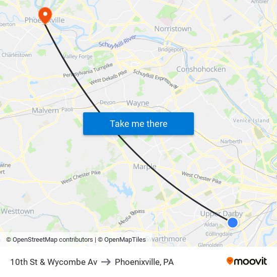 10th St & Wycombe Av to Phoenixville, PA map