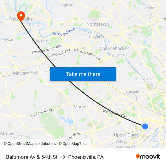 Baltimore Av & 54th St to Phoenixville, PA map