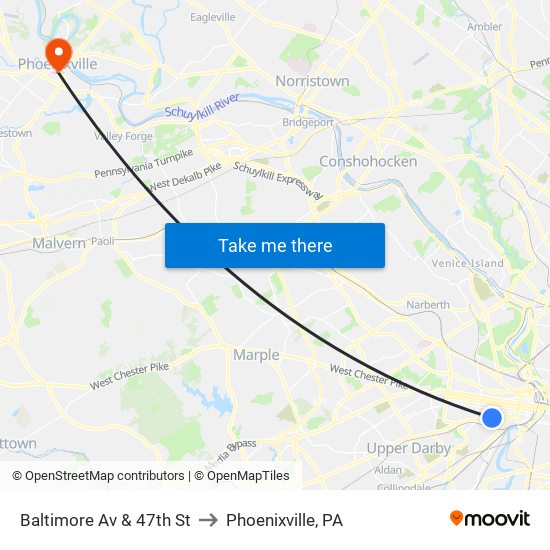 Baltimore Av & 47th St to Phoenixville, PA map