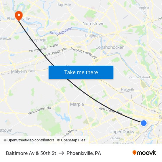 Baltimore Av & 50th St to Phoenixville, PA map