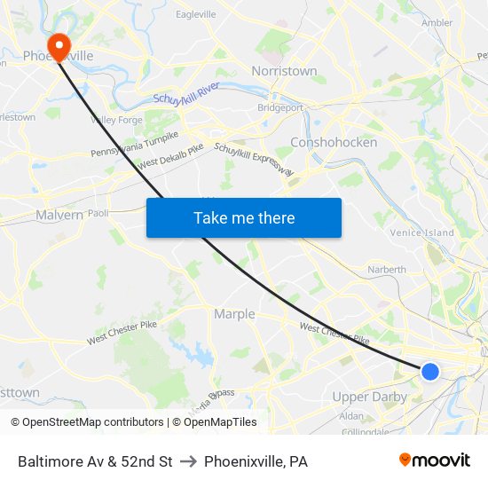 Baltimore Av & 52nd St to Phoenixville, PA map