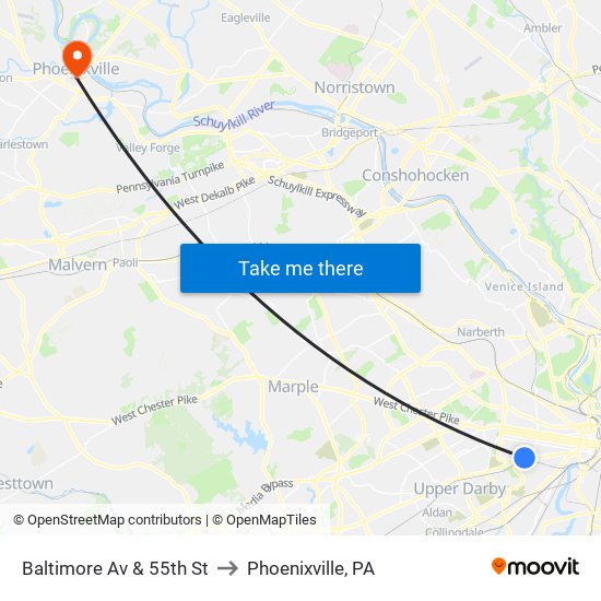 Baltimore Av & 55th St to Phoenixville, PA map