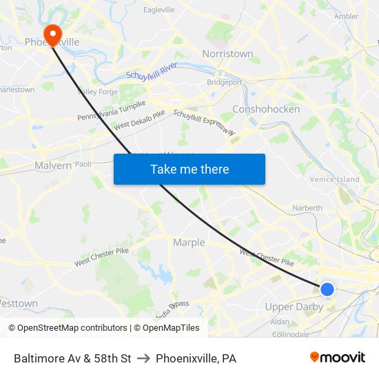 Baltimore Av & 58th St to Phoenixville, PA map
