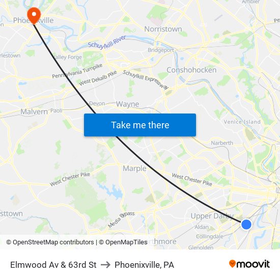 Elmwood Av & 63rd St to Phoenixville, PA map