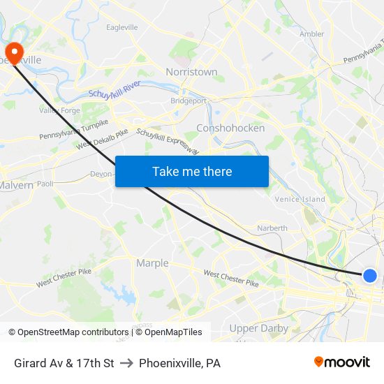 Girard Av & 17th St to Phoenixville, PA map