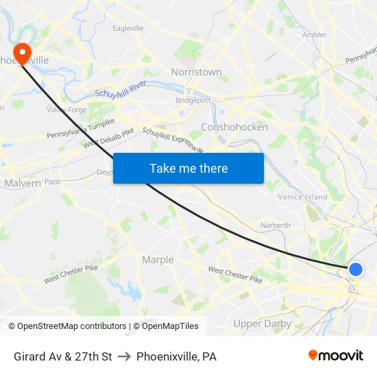 Girard Av & 27th St to Phoenixville, PA map