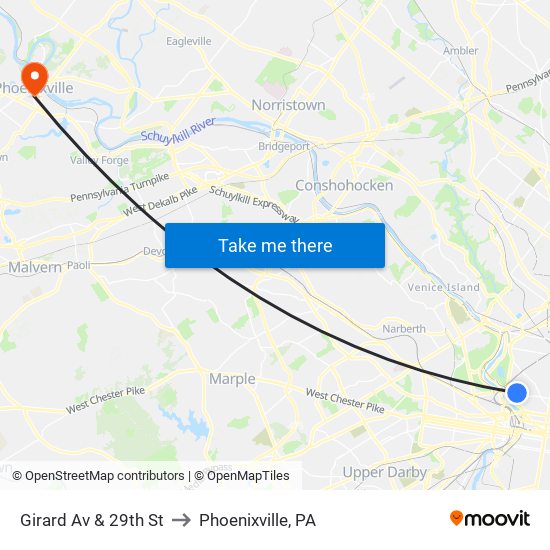 Girard Av & 29th St to Phoenixville, PA map