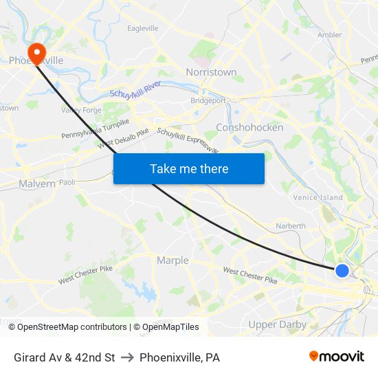 Girard Av & 42nd St to Phoenixville, PA map