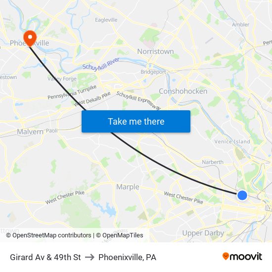 Girard Av & 49th St to Phoenixville, PA map
