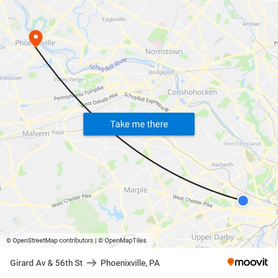 Girard Av & 56th St to Phoenixville, PA map