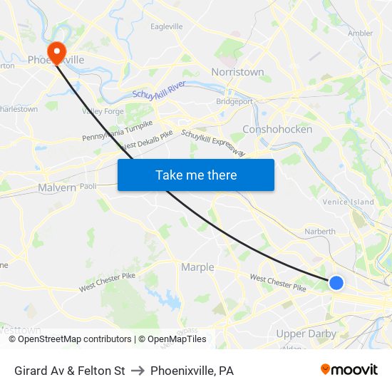 Girard Av & Felton St to Phoenixville, PA map