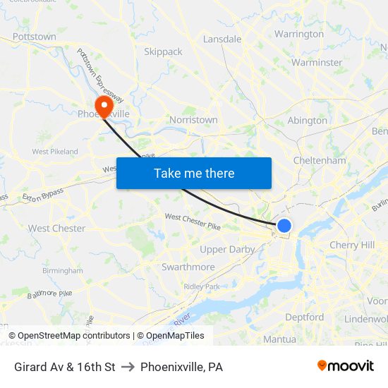 Girard Av & 16th St to Phoenixville, PA map