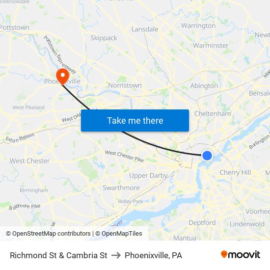 Richmond St & Cambria St to Phoenixville, PA map