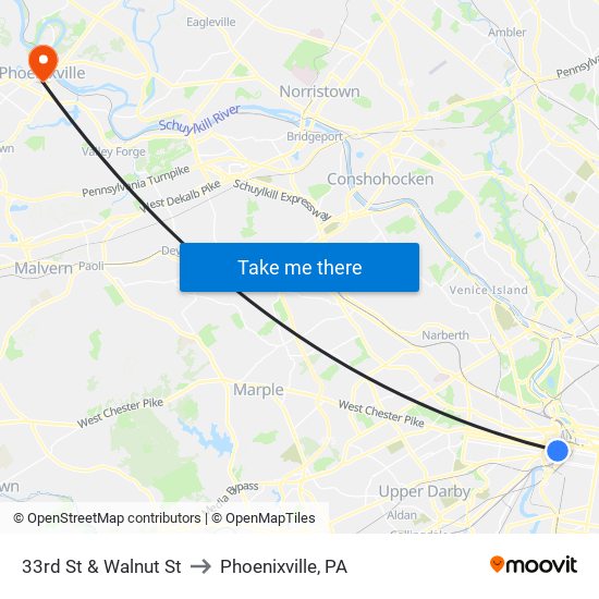 33rd St & Walnut St to Phoenixville, PA map