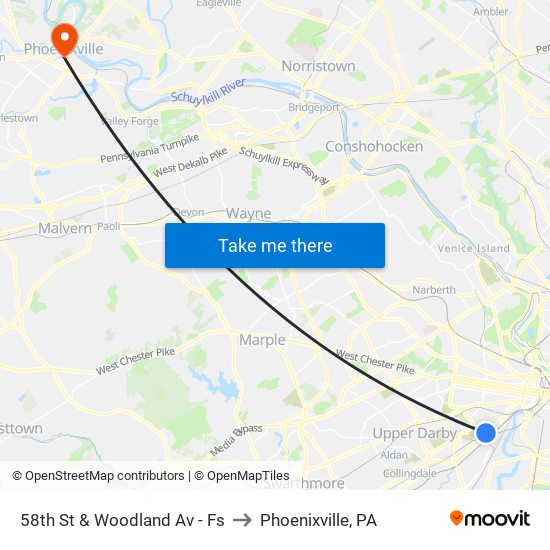 58th St & Woodland Av - Fs to Phoenixville, PA map