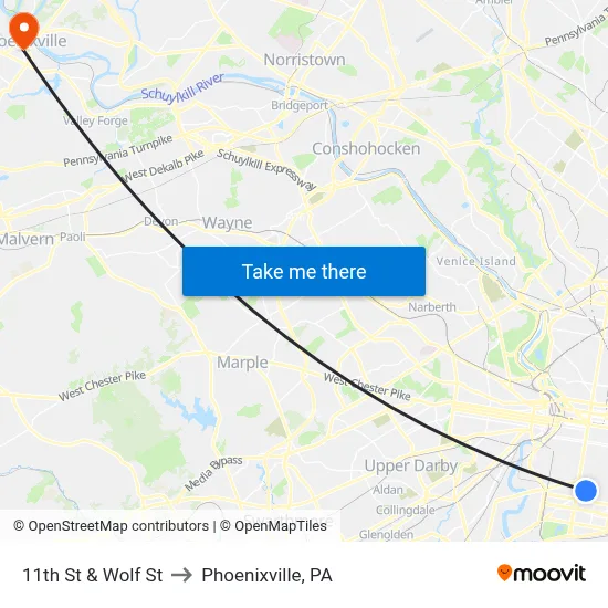 11th St & Wolf St to Phoenixville, PA map