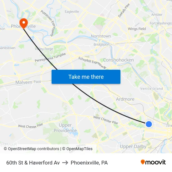 60th St & Haverford Av to Phoenixville, PA map