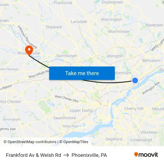 Frankford Av & Welsh Rd to Phoenixville, PA map